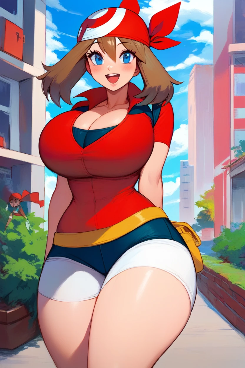 score_9, score_8_up, score_8, 1girl (curvy), cute, eyelashes,       zzMay, huge breasts, looking at viewer, blush, open mouth, bangs, shirt, short sleeves, city, sky, day, collared shirt, cloud, smile, arms together, tree, eyelashes, red shirt, bandana, bush, official style, red bandana,  embedding:zPDXL, huge boobs, busty, curvy, thicc thighs, busty cleavage ,massive boobs busting out of top, deep cleavage