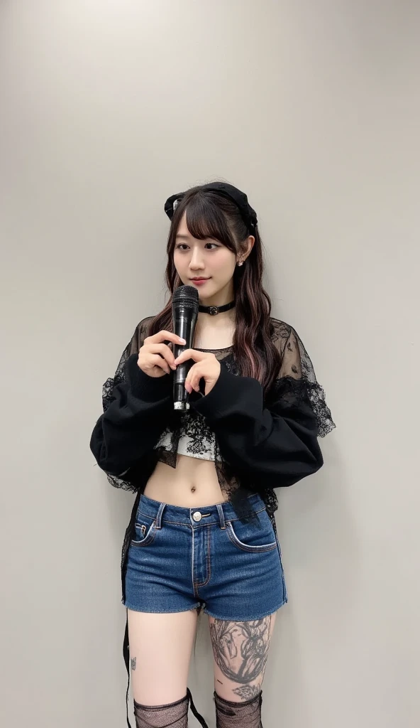 Girl singing with silver microphone in hand,Smile,{{Best Quality}}, {{super detailed}},One girl,Downturned eyes,G Cup Breasts,drooping eyes ,Cute girl with black bob cut hairstyle and white marble glowing skin,,Cute Girl,Oval face shape ,slender,The whole body got wet,Hair got wet,bloodshot eyes,a sultry,Detailed portrait of the perfect lovely girl, slim, Face , Futuristic , Teen, kwak ji young, Dreamy, Black eyes, Cinematic lighting, Innocent, Highly detailed, Sharp Focus, Smooth, art stations, Convoluted,Ballet dancer ,awardwinning, Pure aura, Anime, Highly detailed CG Unity 8k wallpaper of girl with perfect symmetrical confident face with black mid-cut hairstyle and blushing cheeks , taken by Canon EOS, Sigma Art Lens 28mm f4, ISO 200 Shutter Speed 2000