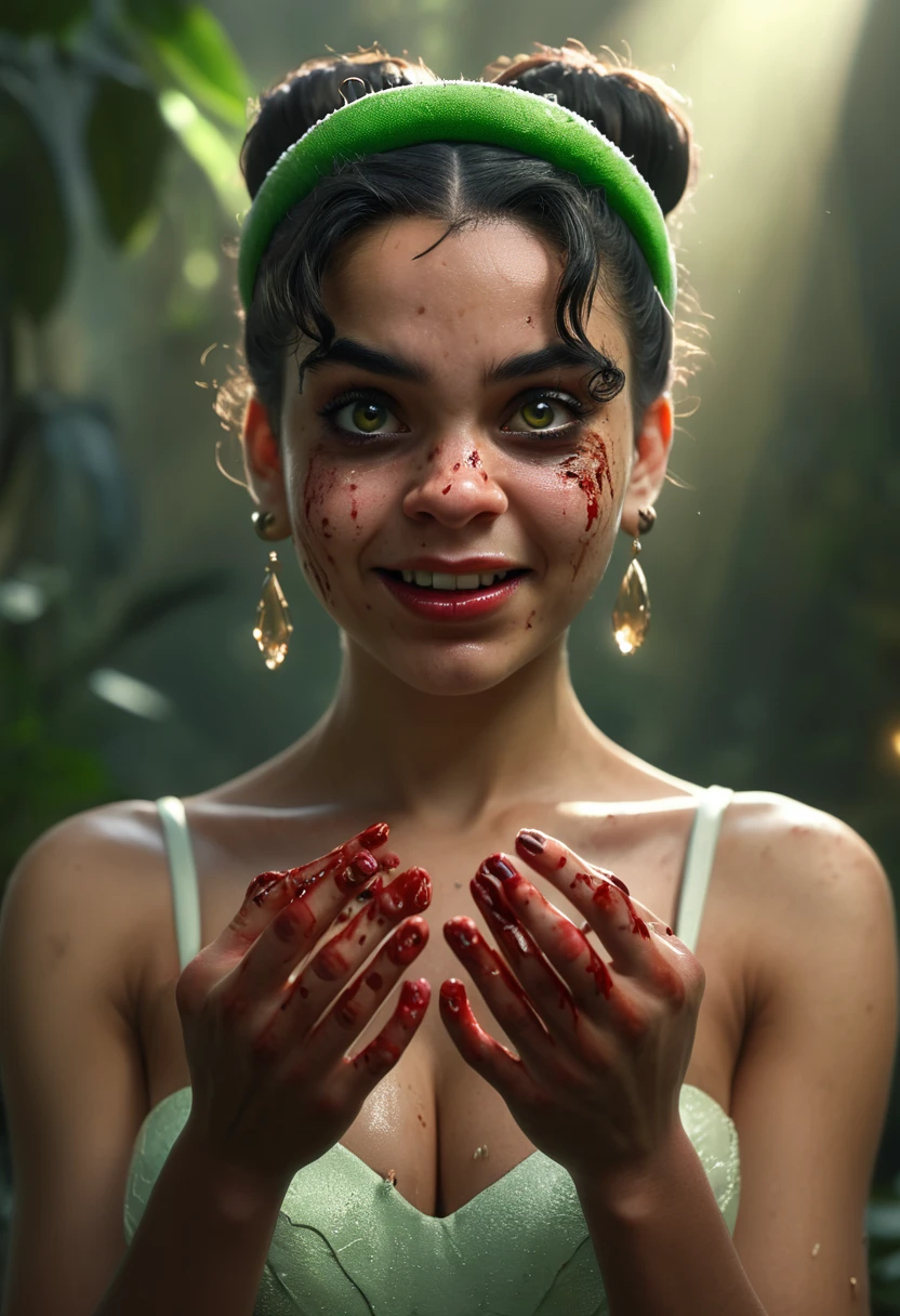 1girl, Solo, Breasts, Black Hair, Green Hairband,  Earrings, Depth Of Field, Backlighting, Masterpiece, Best Quality, High Resolution, Award Winning, High Details, High Quality, Super Detailed, Textured Skin, UHD, Hair Bun, Blush, Angry, Serious, Furrowed Brow, Red Lips, Evil Smile, Ringed Eyes, Evil, Eye Reflection, Amber Eyes, Kubrick Stare, Canon, F/4.0, Ultra-Wide Angle, Tiara, Frog Hair Ornament, Bokeh, Cinematic Lighting, God Rays, 8K Octane, Cinematic, Cinematography, Hyperdetailed, Photorealistic, Portrait Photography, African, Princess Tiana, Looking at viewer, holding out hands palms up, three poisoness tree frog in her hands, blood spatter on cheeks, resturant background, bloody hands