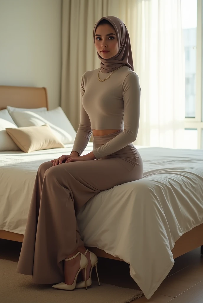 Malay women wearing pink satin hijab, gold satin singlet, white satin leggings, bare feet, standing
