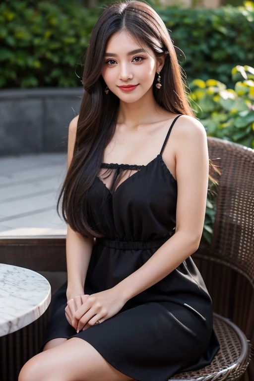 Beautiful girl looking at the viewer ,Wear a black dress with a heart pattern, a tight-fitting skirt,, clear white skin, soft cheeks, Smiling charmingly, seeing ,Sharp face, Brown eyes , Sitting in a cafe in a rose garden
Medium chest , earring, Long straight hair, gray hair 