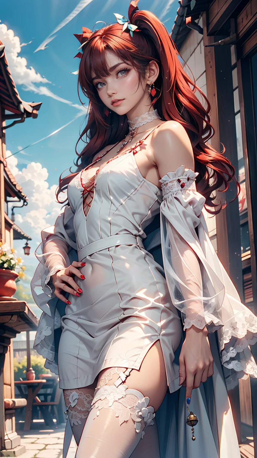 woman, Red Hair, twin tails、 Red Choker ( with small bells )、 white summer dress (Lace decoration、See-through )、 lace up sandals 、 Blue Sky、cloud、 metallic manicure、Place hands on hips、 cowboy shot、Asuka