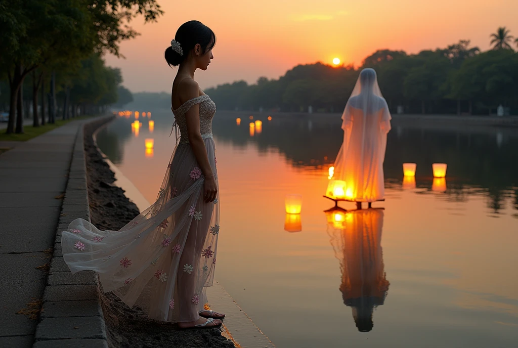 A cute woman (sheer Asian dress delicate flower patterns, formal hairdo, sandals, amazing butt) is standing by the river edge, mournful watching her grandmothers ghost leave. Several lanterns float downstream. Twilight. the ghost of her grandmother rides down the river (young and vibrant, sheer outfit, she is faded semi transparent waving good bye)
