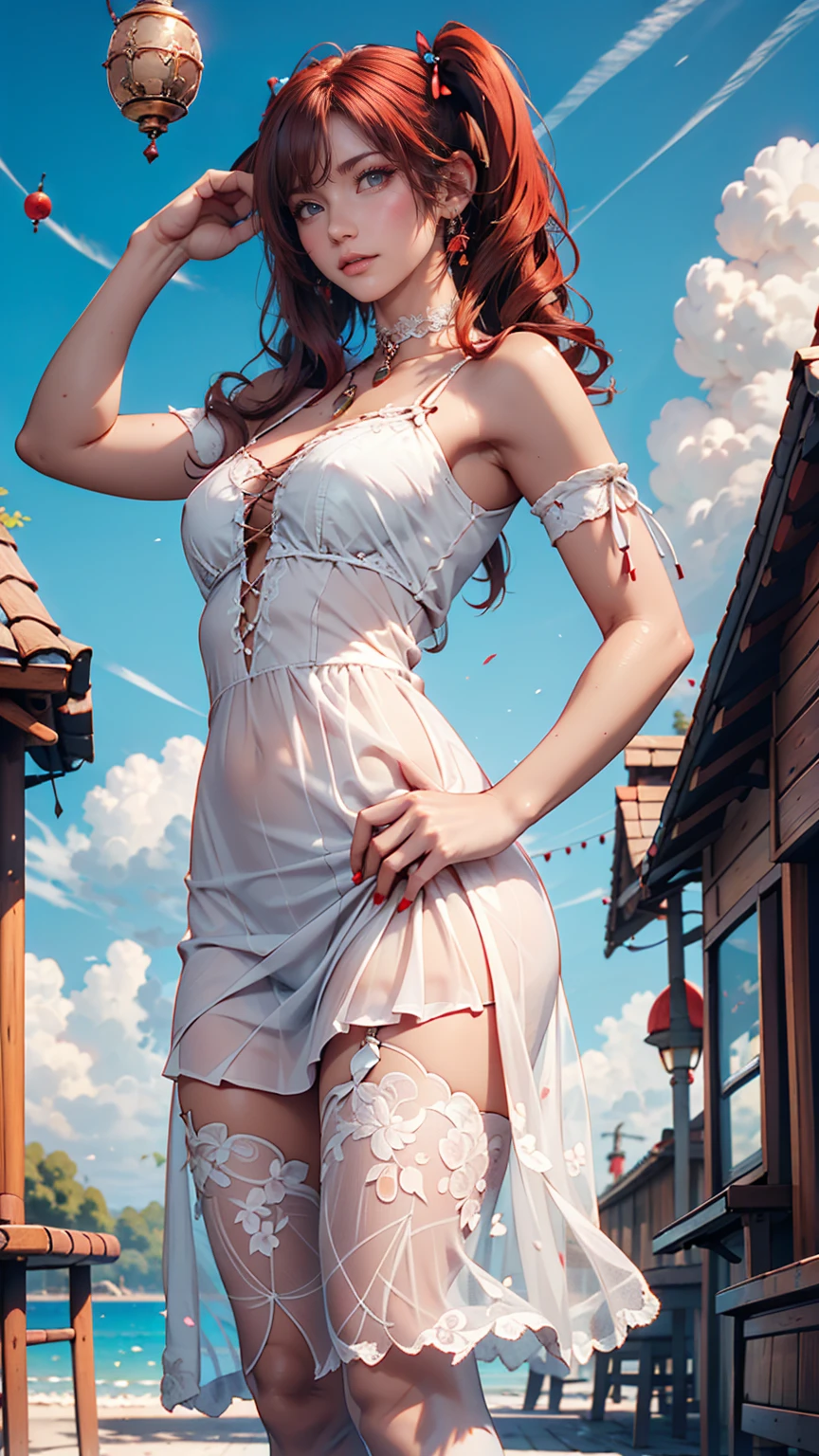 woman, Red Hair, twin tails、 Red Choker ( with small bells )、 white summer dress (Lace decoration、See-through )、 lace up sandals 、 Blue Sky、cloud、 metallic manicure、Place hands on hips、 cowboy shot、Asuka、 Low Angle Shot 