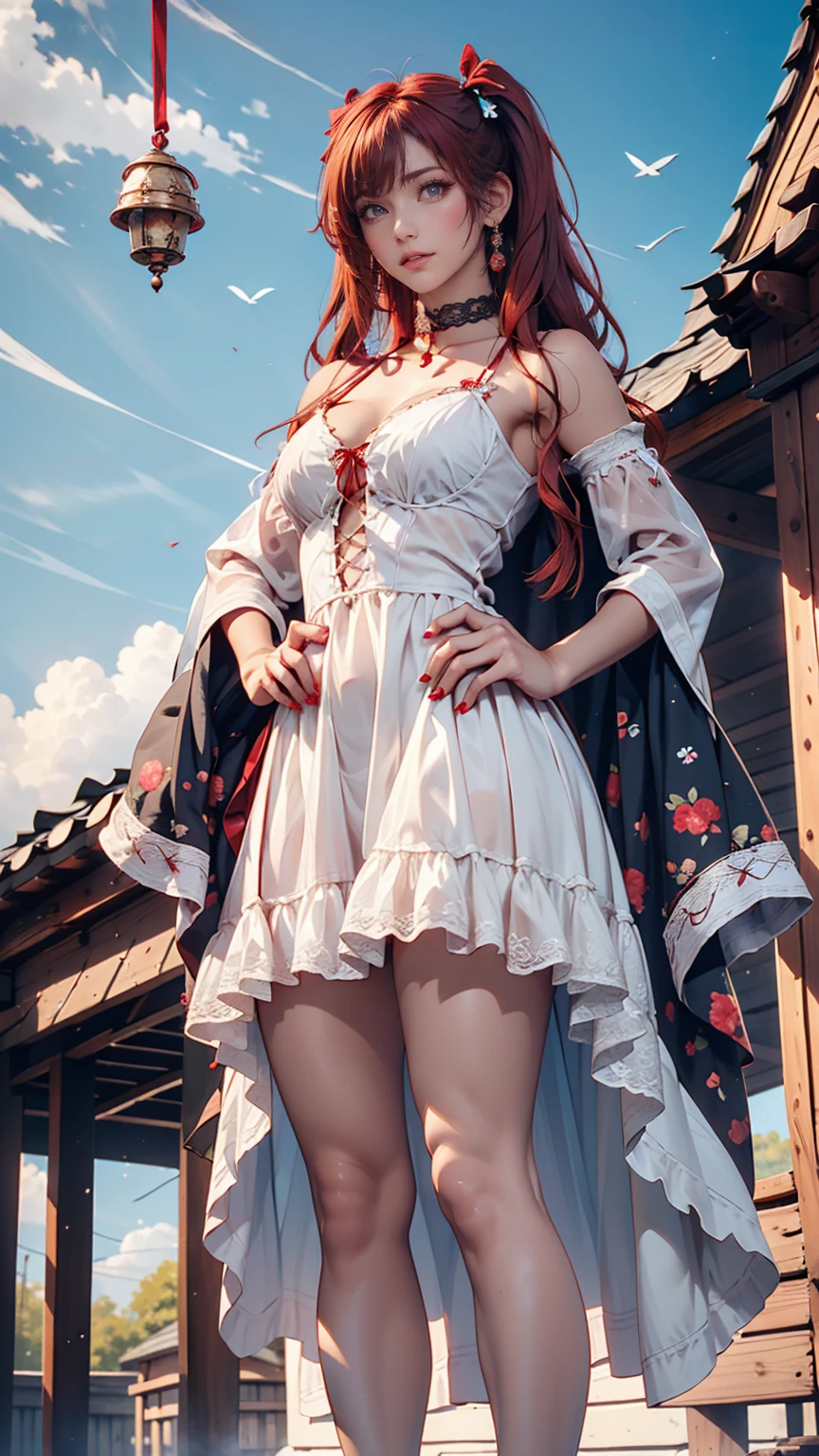 woman, Red Hair, twin tails、 Red Choker ( with small bells )、 white summer dress (Lace decoration、See-through )、 lace up sandals 、 Blue Sky、cloud、 metallic manicure、Place hands on hips、 cowboy shot、Asuka、 Low Angle Shot 