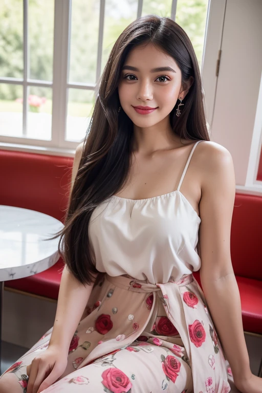 Beautiful girl looking at the viewer ,Wear a dress with a heart pattern, a tight-fitting skirt,, clear white skin, soft cheeks, Smiling charmingly, seeing ,Sharp face, Brown eyes , Sitting in a cafe in a rose garden
Medium chest , earring, Long straight hair, gray hair 