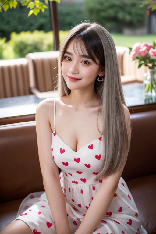 Beautiful girl looking at the viewer ,Wear a dress with a heart pattern, a tight-fitting skirt,, clear white skin, soft cheeks, Smiling charmingly, seeing ,Sharp face, Brown eyes , Sitting in a cafe in a rose garden
Medium chest , earring, Long straight hair, gray hair 