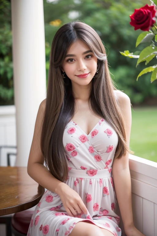 Beautiful girl looking at the viewer ,Wear a dress with a heart pattern, a tight-fitting skirt,, clear white skin, soft cheeks, Smiling charmingly, seeing ,Sharp face, Brown eyes , Sitting in a cafe in a rose garden
Medium chest , earring, Long straight hair, gray hair 