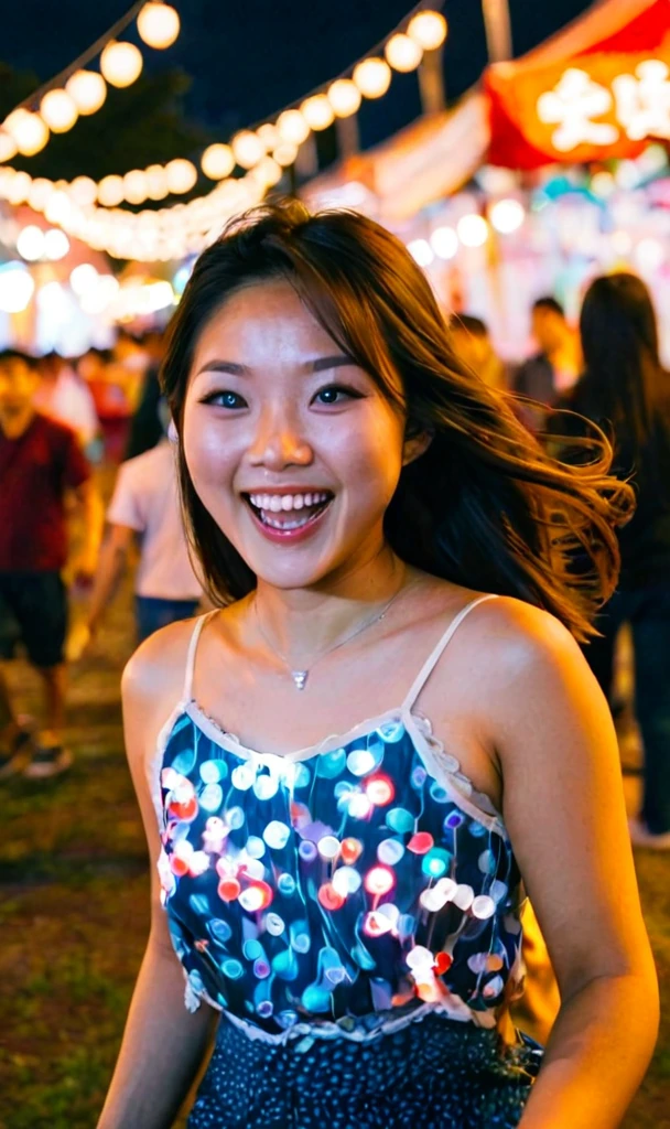 Asian woman, cute, festival, happy, night, lights, motion blur, detailed, reddit, film grain, raw, real life photo, amateur, traditional media, low quality