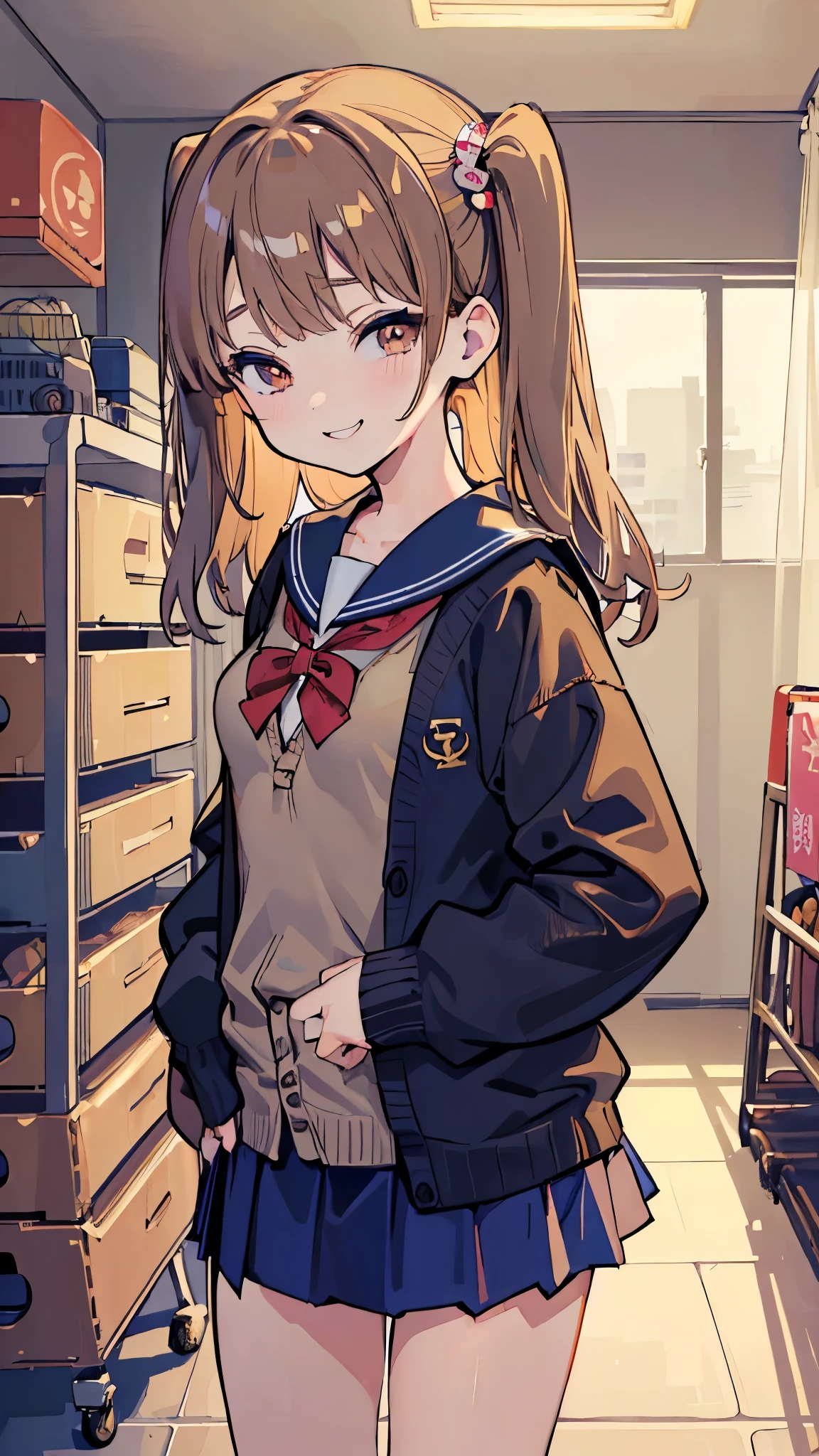 ((masterpiece、Highest quality、Very detailed))、One girl、Brown Hair、Two Side Up、blunt bangs、Light blue eyes、evil smile、((Small breasts))、((serafuku))、((lightbrown cardigan))、((Navy blue pleated skirt))、((skirt lift))、((light blue stripe panties))、Cowboy Shot、Classroom Background