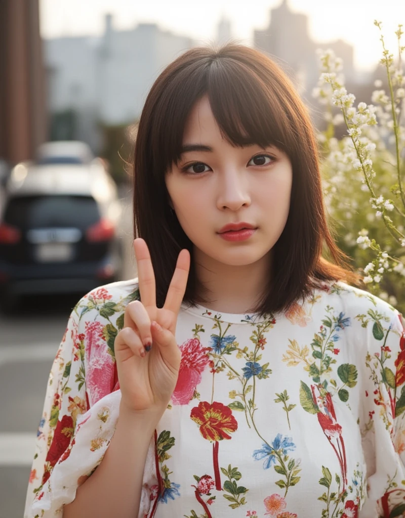 A photograph of an incredibly beautiful 18-year-old girl with long, stylish gradient brown hair, standing confidently at a street during daylight. She is wearing a shirt with "AI-OJI" boldly painted in large, readable lettering, making the message stand out clearly. Her hand with v symbol posing to viewer. The natural light highlights her confident posture and elegant features, contrasts beautifully with her modern, stylish appearance. The atmosphere is serene, with the warm sunlight casting soft shadows and enhancing the overall balance between youthfulness and cultural heritage in the composition. Delicate flower and plant arrangements adorn her surroundings, bathed in dynamic chiaroscuro's dramatic play of light and shadow. High-resolution details reveal perfect anatomy, drawing the viewer in with its awe-inspiring beauty. The scene is centered, radiating an atmosphere of mystery as the subject's captivating pose fills the frame. With a smooth, sharp focus, the illustration bursts forth in high definition, accent lighting casting an otherworldly glow amidst contrasting bright paint colors on concept art.