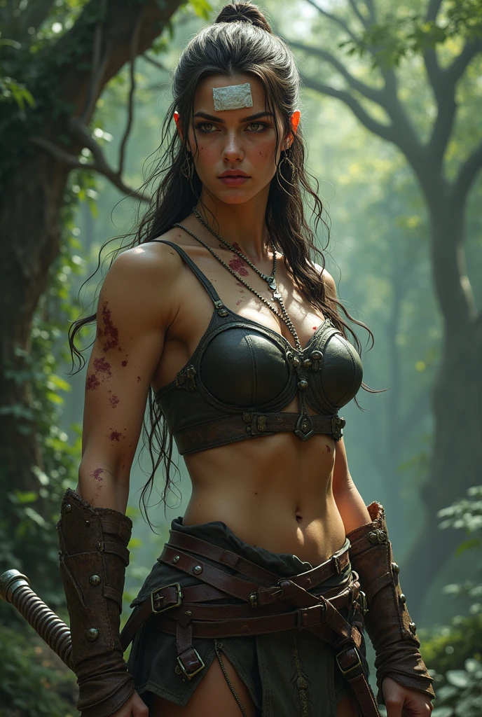 close up:1.3, (masterpiece:1.5),(Best Quality:1.6), (ultra high resolution:1.4), strong and robust black skinned female warrior, dynamic pose, with shoulder pads and leather bones, large and sharp fangs, leather belt with a skull , loincloth, detailed illustration, Intricate, Idyllic, magical elves in the forest:1.5, landscape, Vibrant colors, sunrise, sun rays passing through the trees, leaves falling from the trees, dew on leaves and plants, clouds, (( magical, beautiful, from another world, trees:1.4 )), (( Best Quality, Vibrant, 32K, clear, well-defined shadows)).(Best Quality,4k,8k,high resolution,masterpiece:1.2),ultra detailed,(realist,photorealist,photo-realist:1.37),Very detailed face,extremely detailed facial features,hyper realist skin texture,extremely fine details,intricate details,detailed eyes,detailed nose,detailed lips,Detailed facial expressions,intricate facial anatomy,intense lighting,Dramatic lighting,changing lighting,cinematic lighting,chiaroscuro lighting,dramatic shadows,Dramatic moments,vivid colors,intense colours,Deep contrast,cinematic depth of field,cinematographic composition,cinematic camera angle