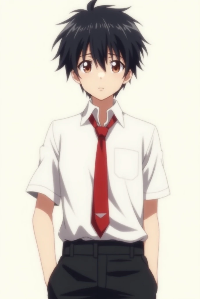 score_9, score_8_wonderful, score_7_wonderful, sauce_anime,Tensura,yuuki_kagurazaka,Male Focus,1 male,No pants,Red tie,Long sleeve white shirt,Bow-legged,Crouching,Place your hands behind your head.,penis,Leash Collar,View your audience,Crouched black hair,blue eyes,humiliation