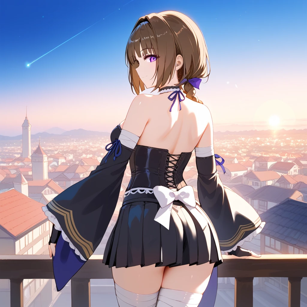  1 girl,  is standing, city, town, rooftop, night,  Medium Chest , Takamori Haruka(Back hairstyle :1.2, Body Type:1.2)"Kabanelli Unknown (bangs:1.2), Light purple eyes, "Dark brown hair,  single braids ,  Ribbon Choker ,Purple ribbon,Japanese clothes in navy blue and white, Corset , black and white hakama black short skirt, long sleeve, Blue Ribbon , bandaged legs ,Fingerless gloves,  Detached Sleeve "
seductive smile,
nsfw, FHD, Super detailed, Best Quality、Very delicate, lens, masterpiece, Best Quality, Rear view, 