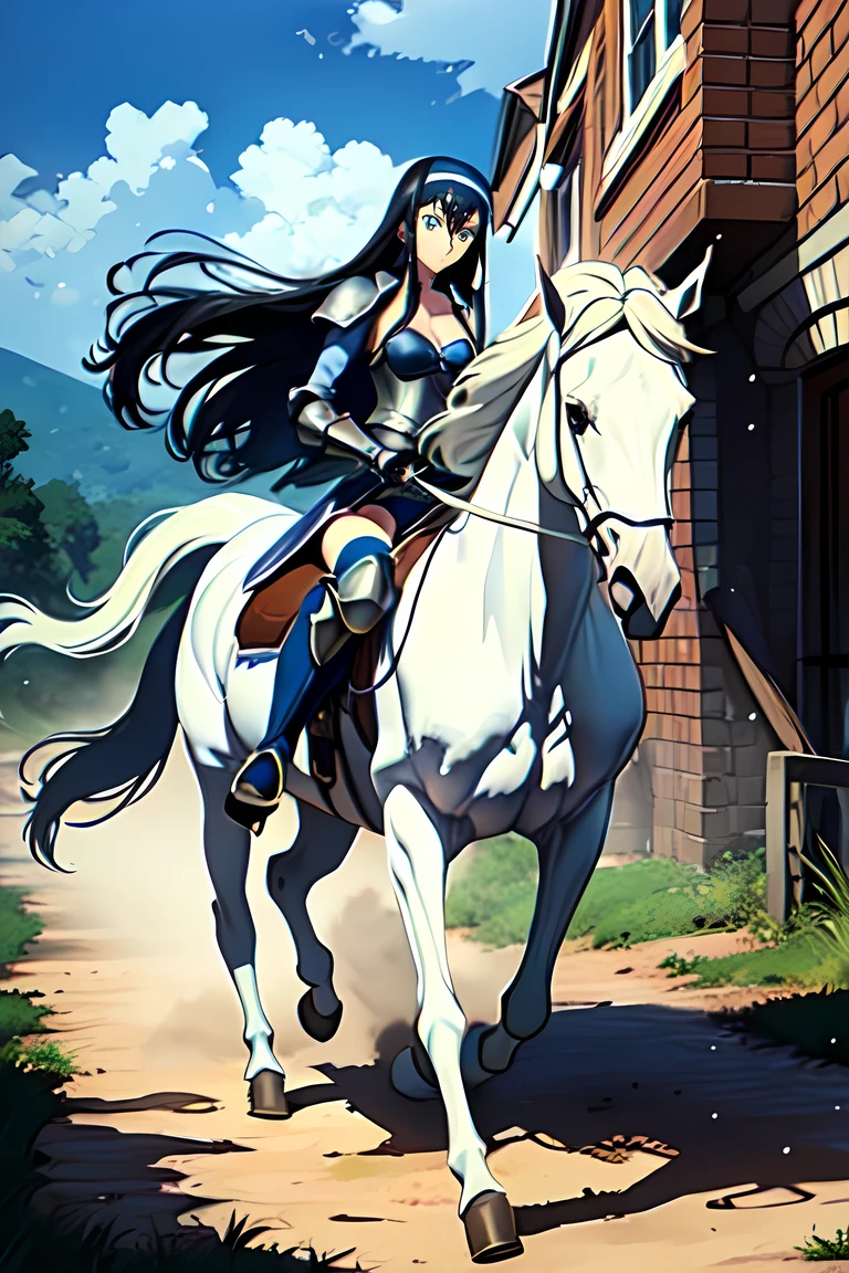 ((best quality)), ((anime masterpiece)), (high detailed), 8k, cinematic lighting, perfect face, small breast, cleavage, (((female knight riding on a SILVER HORSE)), (hair between eyes, long hair, gradient hair, {black hair, dark blue hair}, blue eyes), (white headband, white breastplate, shoulder pads, dark blue miniskirt, bare legs, greaves, white boots)), BREAK, (silver horse, saddle, reins, bridle, stirrups), solo, in the river, both hand holding rein, from side: 1.2, anatomically correct