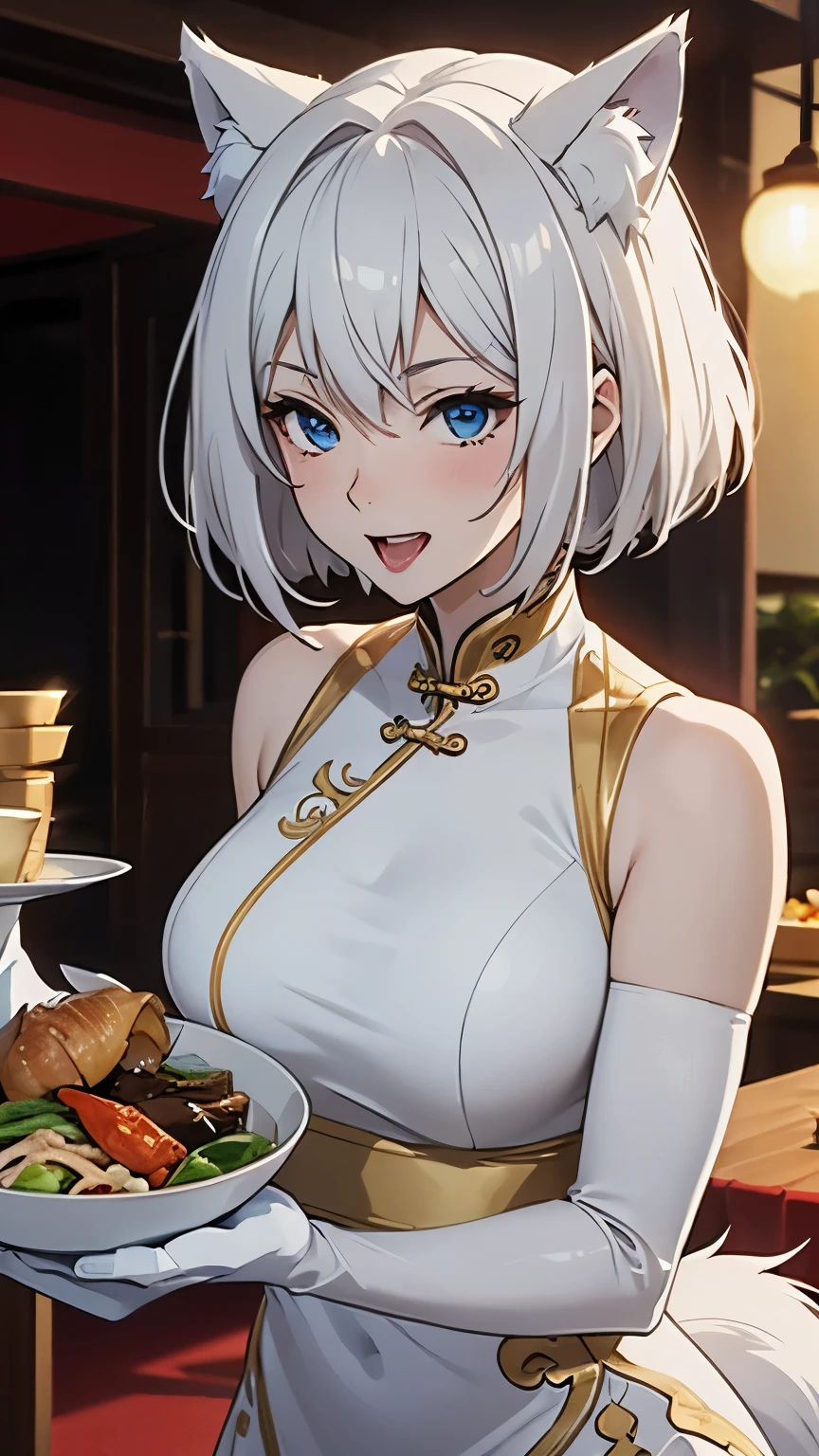 1 elf girl, dark skin, golden color contacts, beautiful silver hair, bun hair, pointed ears, pink lips, white cheongsam, Chinese restaurant, smile, smile gently,