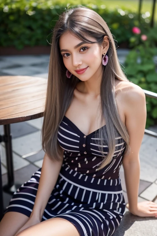 Beautiful girl looking at the viewer ,Wear a purple striped dress, a tight-fitting skirt,, clear white skin, soft cheeks, Smiling charmingly, seeing ,Sharp face, Brown eyes , Sitting in a cafe in a rose garden
Medium chest , earring, Long straight hair, gray hair 