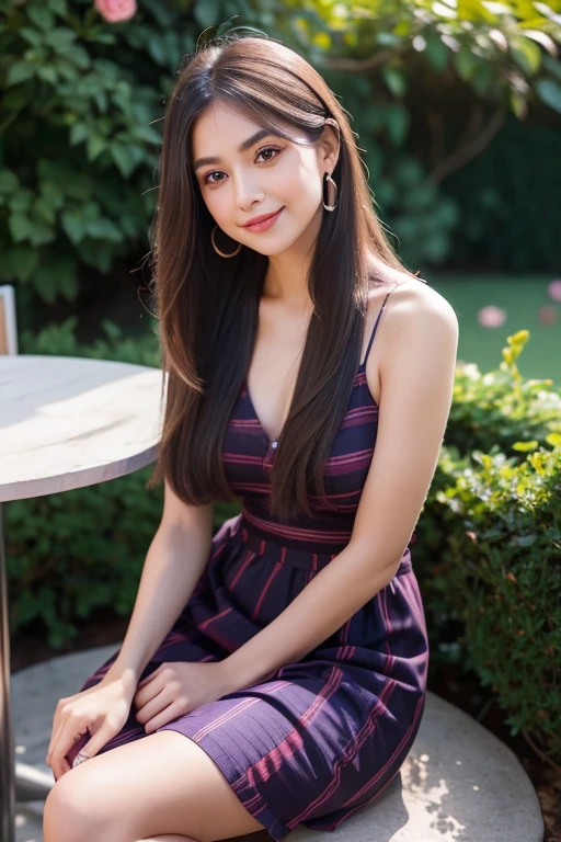 Beautiful girl looking at the viewer ,Wear a purple striped dress, a tight-fitting skirt,, clear white skin, soft cheeks, Smiling charmingly, seeing ,Sharp face, Brown eyes , Sitting in a cafe in a rose garden
Medium chest , earring, Long straight hair, gray hair 