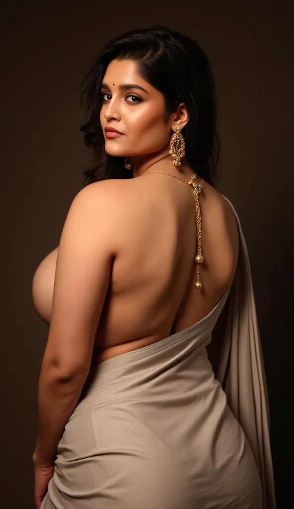 Looks like Sandeepa Dhar, a photo portrait of a beautiful girl 30 years old Woman, Topless, (detailed nude breasts), (tight round big boobs), curvy hot mommy figure, fleshy figure, feminine curve, with curls, styled black hair, (face portrait:1.5), dramatic light, Rembrandt lighting scheme, bust shot, linen tank top , top quality editorial photograph, skin texture, skin pores, chocolate skin, high quality skin, top quality photography, professional photography, professional retouching, insane detailing, warm moody tones, modern clothes, highly detailed armpits, 