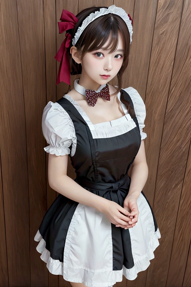 front view,Gothic ta,Maid costume,front view,perfect fingers,perfect hands,own hands together,testicles,{Feathered Apron},gothic maid, puffy short sleeves,red bowtie,maid apron dress, waist apron, wrist cuffs, bottomless, white socks,medium hair,brown hair, full body,25years old,HD background,beautiful facebest quality, ultra detailed, high resolution,8k extremely detailed CG,super fine illustration