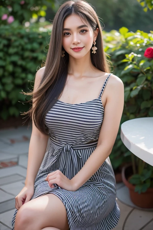 Beautiful girl looking at the viewer ,Put on a gray striped dress, a tight-fitting skirt,, clear white skin, soft cheeks, Smiling charmingly, seeing ,Sharp face, Brown eyes , Sitting in a cafe in a rose garden
Medium chest , earring, Long straight hair, gray hair 