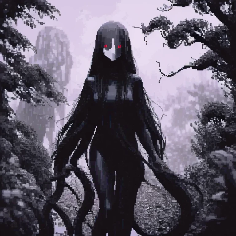 pixel art.,  who looks like Slenderman's thin tentacles ,   but woman  , scary,  Slenderman's thin tentacles, operator  ,  Creepypasta  ,  long black hair ,   empty title  , High, for the girl from the anime Shchupolsk   