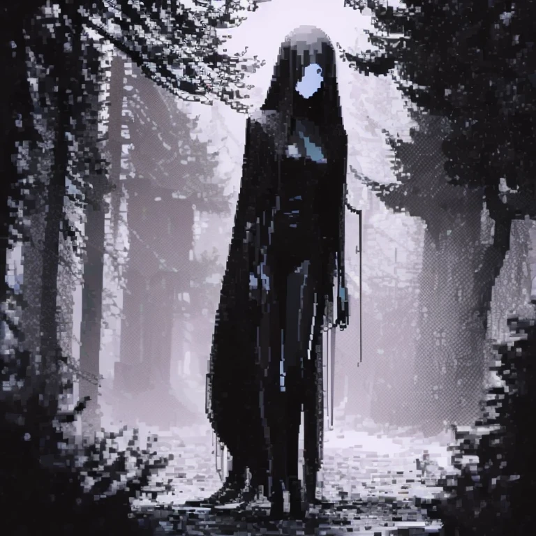 pixel art.,  who looks like Slenderman's thin tentacles ,   but woman  , scary,  Slenderman's thin tentacles, operator  ,  Creepypasta  ,  long black hair ,   empty title  , High, for the girl from the anime Shchupolsk   