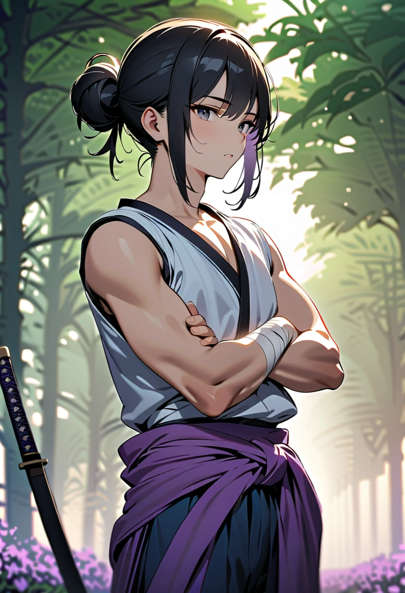 masterpiece, best quality, perfect lighting, high resolution, 1 guy, samurai, toned build, black hair, (manbun samurai hairstyle), spiky dual bangs, black eyes, calm demeanor, handsome, (white baggy kimono top), long faded-blue cloth wrapped around waist, (thick light-purple rope wrapped around waist), mildly baggy navy-blue pants, (black bandages wrapped over ankles), black sandals, sheathed katana on waist, arms crossed, full body view, three-quarter view, pasture background, (detailed background)