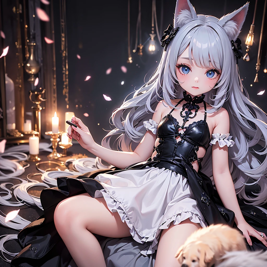 silver hair, dog ears,frill dress,wavy hair,delicate features quiet gaze,beautiful half body illustration,beautiful backgraund,atmospheric lighting,sharp focus,cute face,reduce saturation,fine detailed face,small nose and mouth,volumetric top lighting,bold line painting, soft shadow,1girl,solo,female focus,small breasts,flat tits,Lolita,short height,skinny girl,blue eyes,open legs,animal ears,
