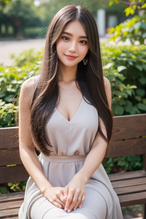 Beautiful girl looking at the viewer ,Put on a gray dress, a tight-fitting skirt.,, clear white skin, soft cheeks, Smiling charmingly, seeing ,Sharp face, Brown eyes , Sitting in a cafe in a rose garden
Medium chest , earring, Long straight hair, gray hair 