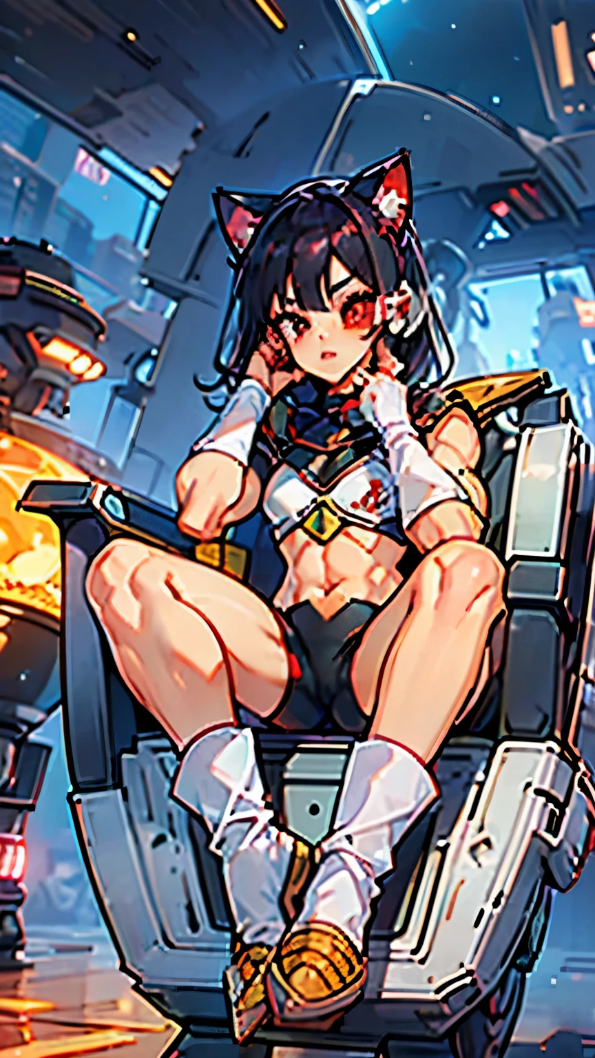  A black-haired girl with red eyes,  pointy hair  , cat ears, raising the right eyebrow, eyeliner,  Beautiful eyebrows , lip filler, eyelashes,  tinted sunglasses , Saiyan Scouter , saiyajin armadura,  muscular body,  frieza spaceship ,  takes full body,  crop top,  sitting on a chair, hand on face