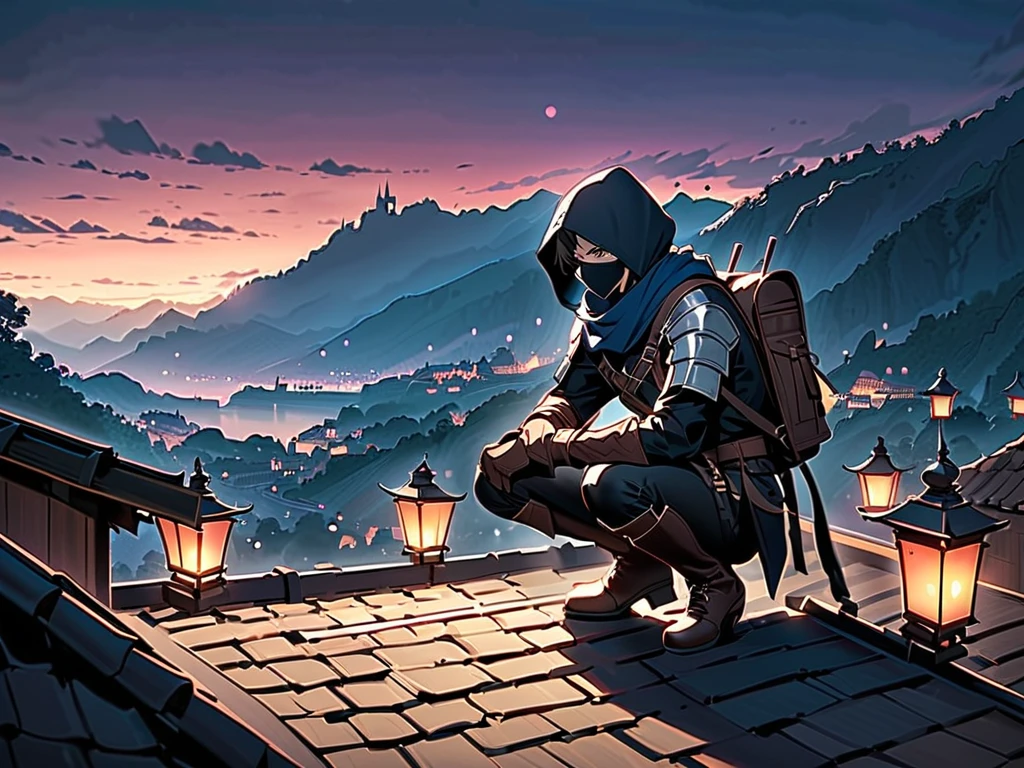 1 little boy, A ninja in leather armor ,tights, Wearing a hood.scarf,Masked,Leather gloves.Boots. Waist bag.Small backpack.Middle Ages in the dark night,Floating Ghost Fire Lantern,Hand Rope ,Middle Ages in the dark night村莊夜色(landscape、On the roof:1.3),squatting on the roof,bend over, ,  crouching on one knee , , shadow, .Full body picture, , , ,  Cool Poses , .Full body picture,