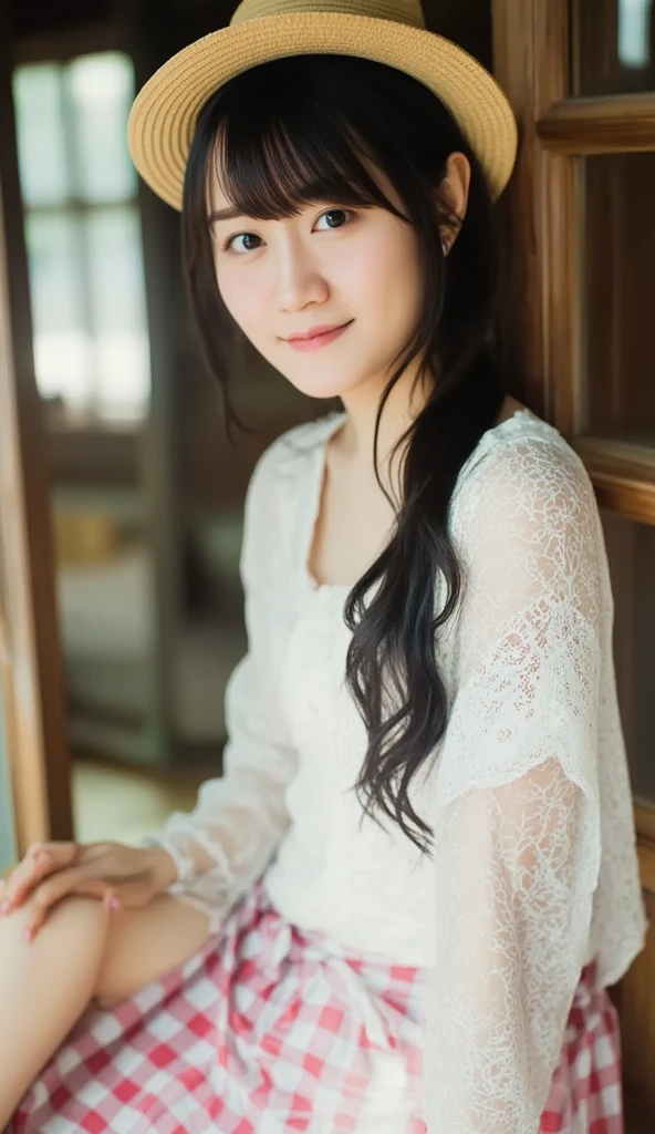 Best quality, masterpiece, ultra high res, (photorealistic:1.4), smile, a girl (((lovely))), ((Black hair, twin ponytails, sitting on a small stool))