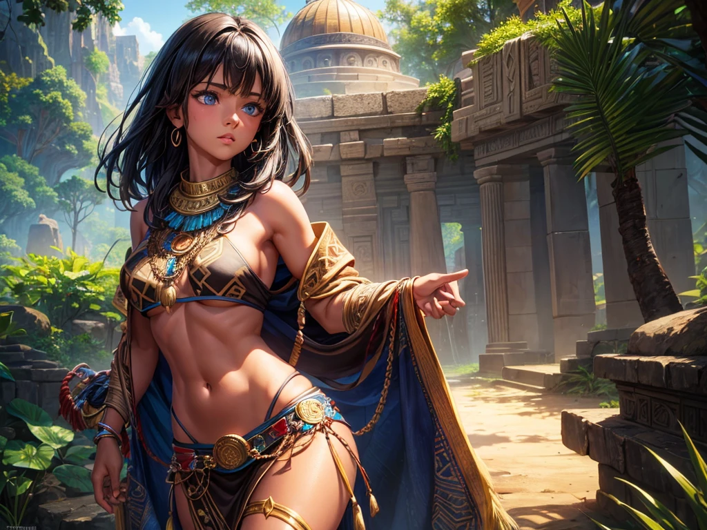 ((Frank Frazetta)), Beautiful full-bodied black woman, 30 years old, Egyptian woman, Egyptian adornments, muscular and perfect body, ((back)), long black hair with heavy bangs on the forehead, red veil, dark skin shiny with oil and sweat, desert warrior with little clothing, tiny loincloth of old body, eye of the God Ra (Rah) covering only small part of the large breasts, bleeding wounds, scars all over the body, Egyptian tattoo, arms covered in Egyptian adornments, large breasts, generous cleavage, holding a blood-stained club, brave face, dark kingdom, sexy pose, walking in a desert, pyramids in the background