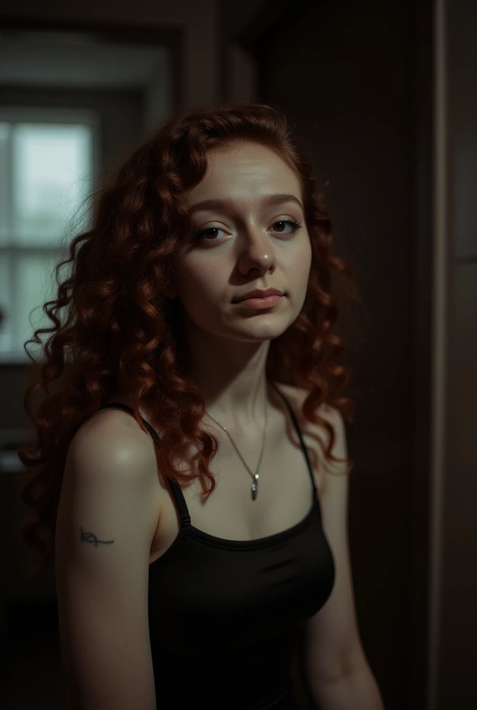 The image is a dimly lit, slightly grainy photograph of a young woman named Molly with a fair complexion and long, curly auburn hair that cascades down her left shoulder. She has a calm, neutral expression on her face, with her eyes slightly open and looking directly at the camera. Her hair is styled in loose, voluminous curls that frame her face. She is wearing a black spaghetti-strap top, which reveals a glimpse of her shoulders and upper chest.