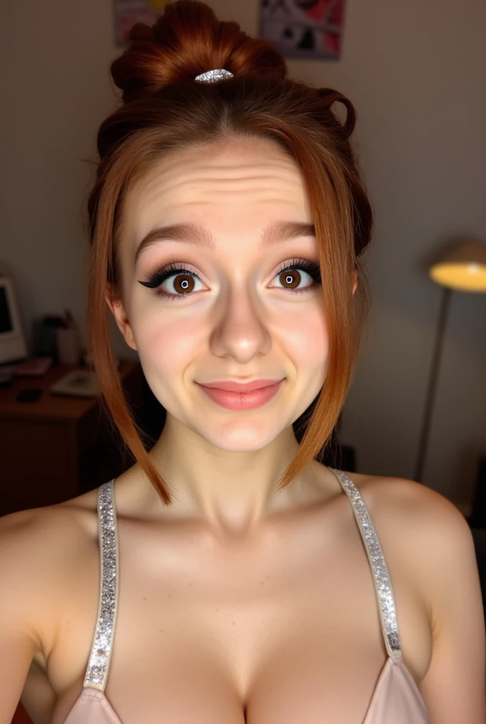 The image is a high-resolution photograph of a young woman taking a selfie in what appears to be a cozy, indoor setting. She is a Caucasian woman with fair skin, freckles, and auburn hair styled in a loose updo with a metallic hair tie. Her facial expression is playful, with a slight smile and raised eyebrows, and she is wearing dark, bold makeup including eyeliner and lipstick, shinestrap showing.