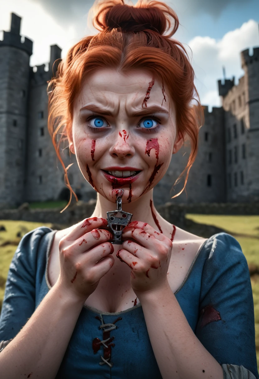 1girl, Solo, Breasts, Red Hair, Depth Of Field, Backlighting, Masterpiece, Best Quality, High Resolution, Award Winning, High Details, High Quality, Super Detailed, Textured Skin, UHD, Hair Bun, Blush, Angry, Serious, Furrowed Brow, Red Lips, Evil Smile, Ringed Eyes, Evil, Eye Reflection, Blue Eyes, Kubrick Stare, Canon, F/4.0, Ultra-Wide Angle, Bokeh, Cinematic Lighting, God Rays, 8K Octane, Cinematic, Cinematography, Hyperdetailed, Photorealistic, Portrait Photography, Looking at viewer, holding up a bloody bear trap, blood spatter on cheeks, scottish castle background, bloody hands, runny mascara, torn blue dress, 