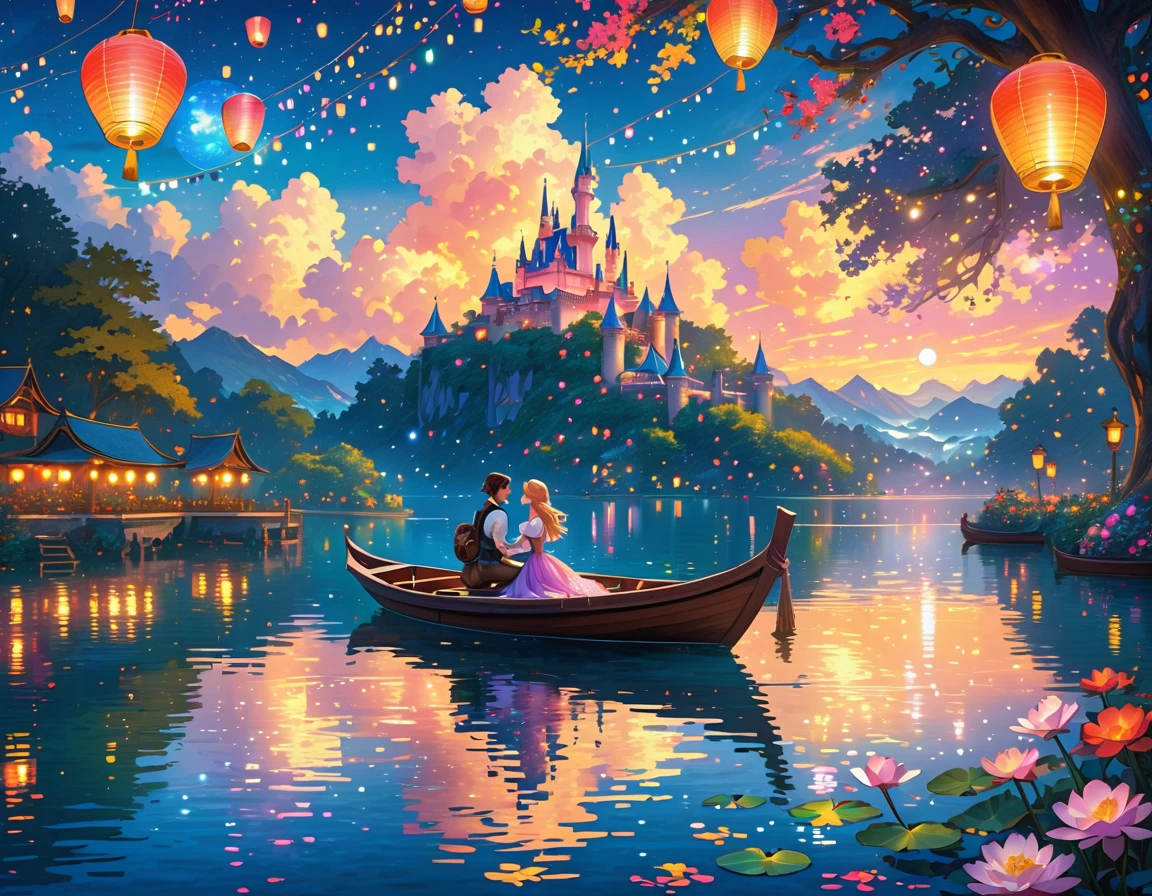 A boat on the lake, with many colorful lanterns floating in the sky, colorful lanterns, lanterns in the sky, Colorful lanterns floating on the lake. Rapunzel and Eugene Fitzherbert embracing each other on the boat in a cowgirl position. Crystal clear lake, lake lit by lights, magical light, At dusk, The sky above is dark blue, so magical and dreamy, Disney Castle seen in the distance, photorealistic Disney, beautiful digital art, magical colors and atmosphere, glowing lanterns, it's a deep dream