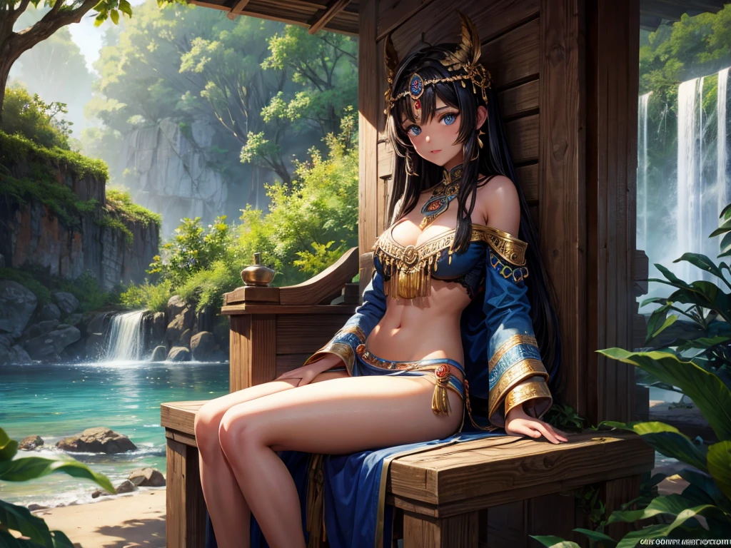 masterpiece ,ultra realistic, photo realism , beautiful black woman , wet lips , brown eyes , long brown hair , loose in the wind , muscular thighs , full body , (( tattoo on the side of the leg , tribal tattoo )) , very detailed skin , sexy position , golden dress , (( golden greek style dresright , all detailed , landscape in aphrodisiac background , window , dawn , sin , lust , strong illumination , striking , 8k --auto --s2