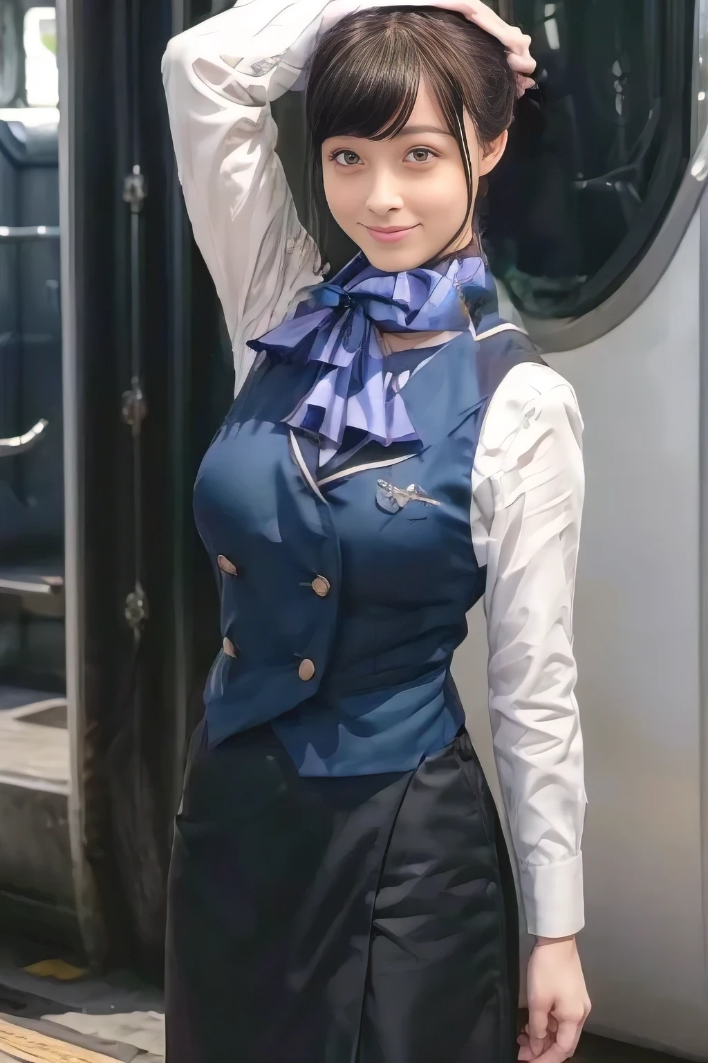 (masterpiece:1.2, Best Quality:1.2), 32kHDR,  kampala, (Alone、  1 girl)、（What is 、 Professional Lighting）、In-flight background、（Nankai Train crew uniformを着たリアルなスタイル）、（（  Nankai Train Crew Uniform Collarless Blouse Long Sleeve 、Black Curly Culotte Skirt 、Scarf around the neck））、 Dark brown hair 、（ Long Hair、Hair tied up、Hair tied up）、 Dark brown hair 、 Long Hit 、Big Breasts、Thin legs、（（Great hands：2.0）），（（  harmonious body proportions ：1.5）），（（Normal limbs：2.0）），（（Usually refers to：2.0）），（（ DELICATE EYES FULL OF DECISION：2.0）），（（Normal eyes：2.0））)、smile、（Nankai Train crew uniformを着た美しい姿）、Hands clasped underneath