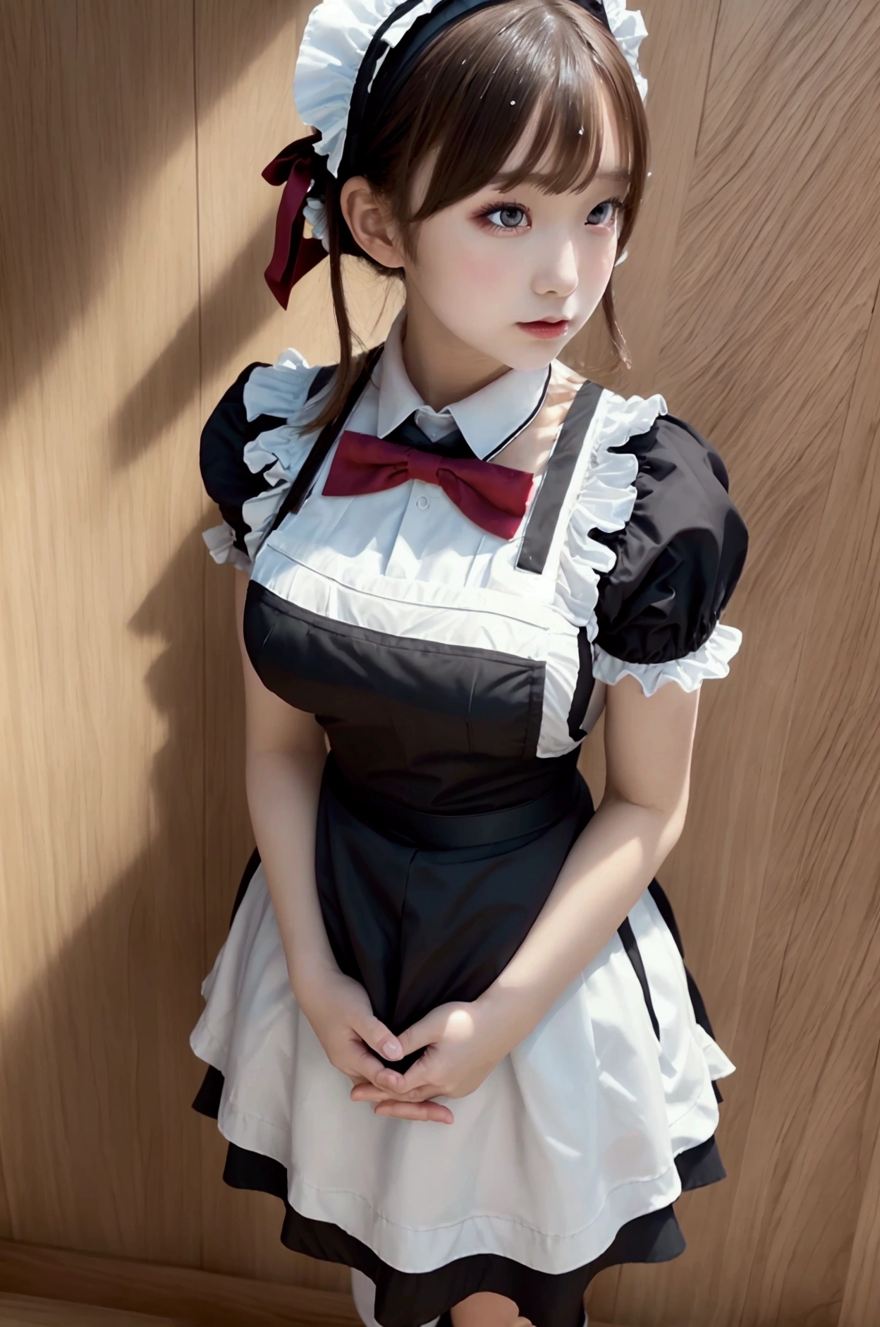 front view,Gothic ****ta,Maid costume,front view,perfect fingers,perfect hands,own hands together,testicles,{Feathered Apron},gothic maid, puffy short sleeves,red bowtie,maid apron dress, waist apron, wrist cuffs, bottomless, white socks,medium hair,brown hair, full body,25years old,HD background,beautiful facebest quality, ultra detailed, high resolution,8k extremely detailed CG,super fine illustration