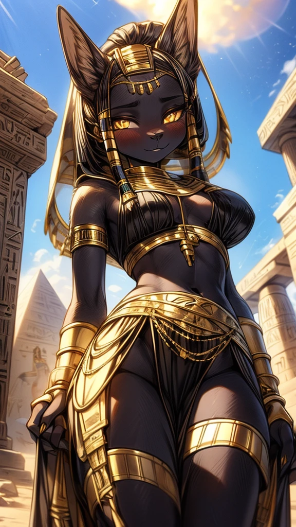 Egyptian sorceress, dark skin, female 15 years old, long messy brown hair, silver decorations, brown eyes, white and gold Egyptian clothing, dark gold vest with silver snake print, gold belt, dark gold pants, gold pendant with Egyptian symbol Egyptian with pink rose quartz gems, gold rings on both hands, slim build, base of an Egyptian pyramid, pyramid,