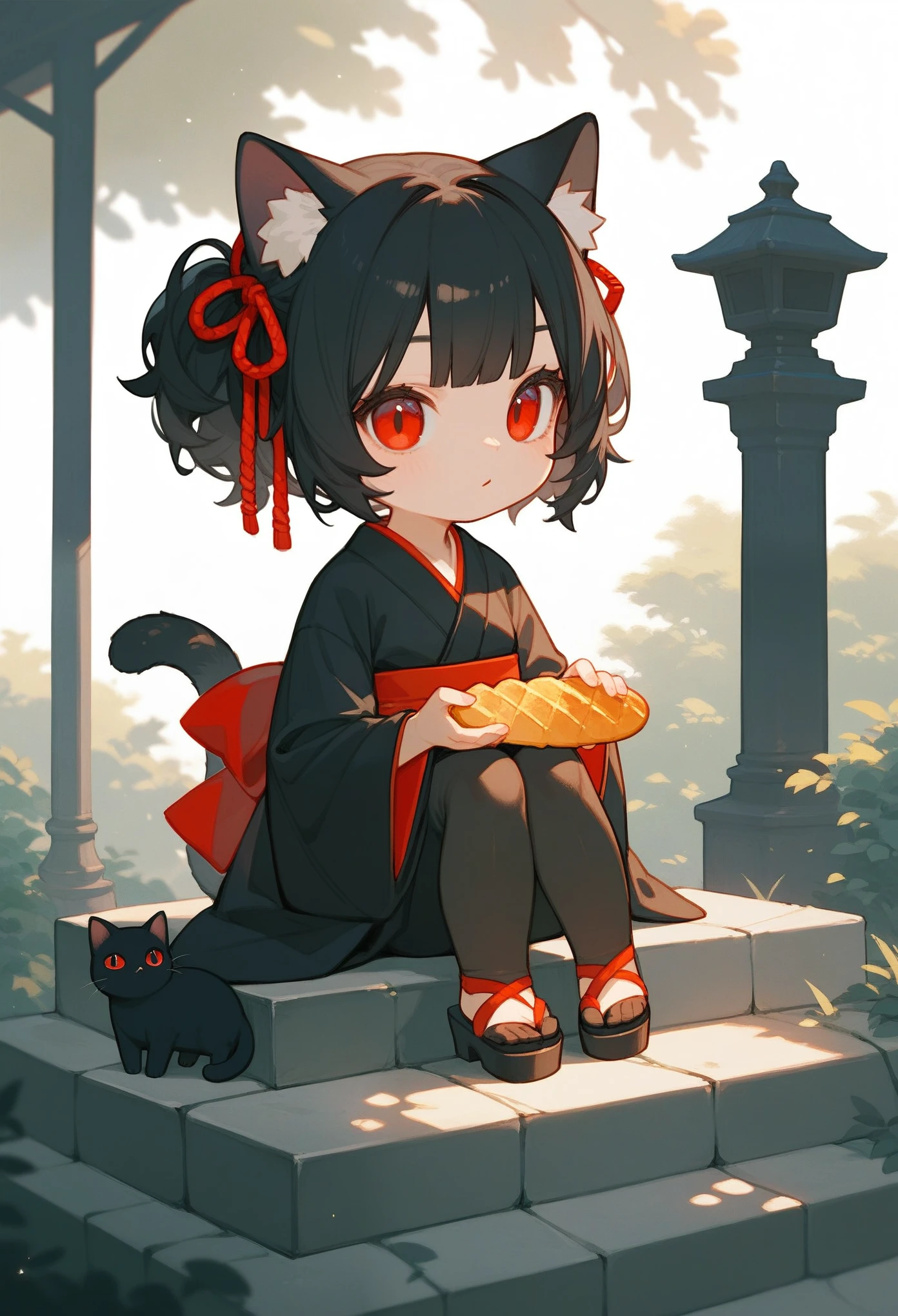 score_9, score_8_up, score_7_up, score_6_up, score_5_up, score_4_up, source_anime, (anime), chibi style, 2D artwork, 1black cat, black hair, red eyes, cat eyes, red ribbon, kimono, (holding a baguette), sitting on stone steps, stone lamp, simple background, simplification 