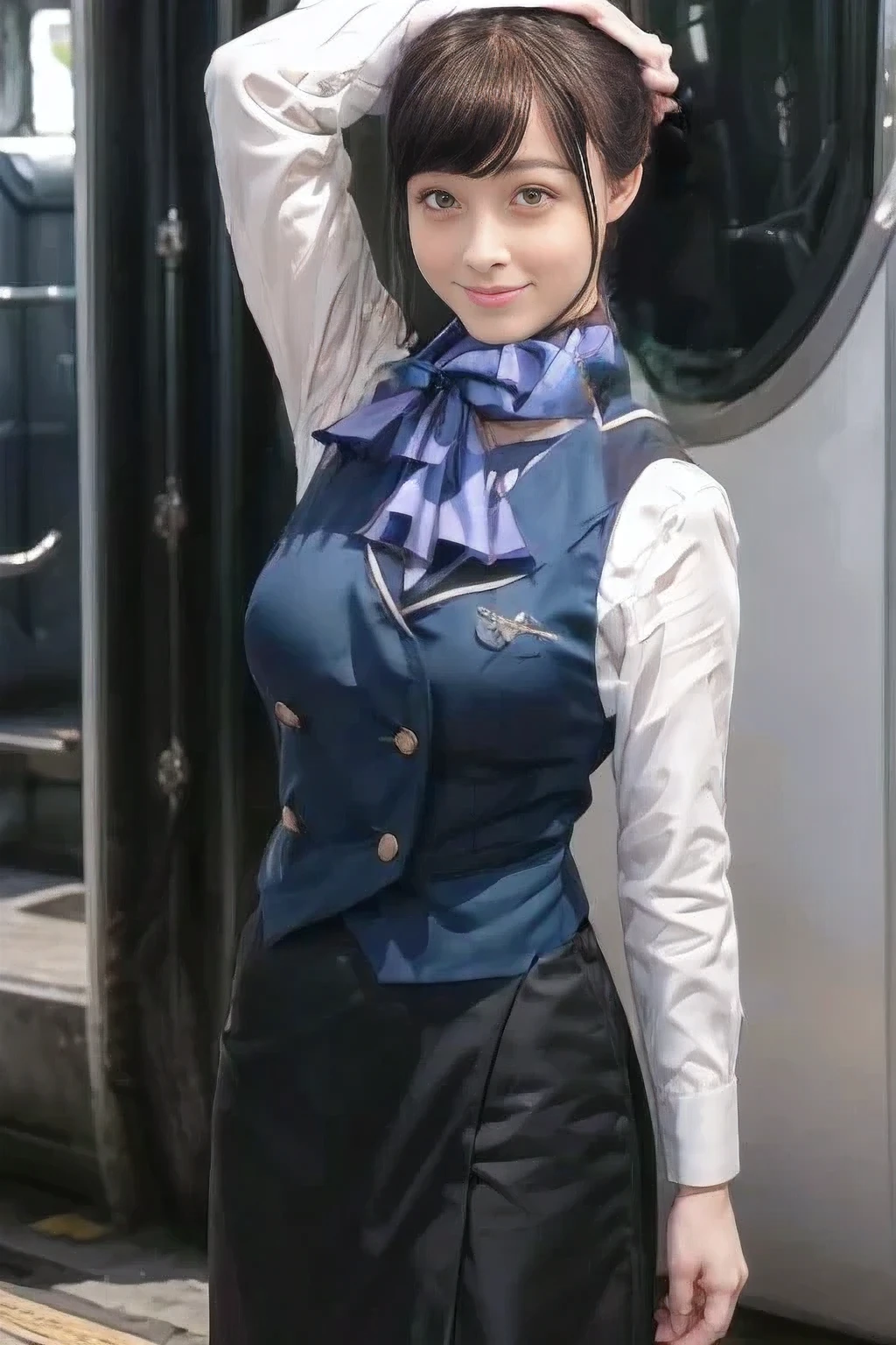 (masterpiece:1.2, Best Quality:1.2), 32kHDR,  kampala, (Alone、  1 girl)、（What is 、 Professional Lighting）、In-flight background、（Nankai Train crew uniformを着たリアルなスタイル）、（（  Nankai Train Crew Uniform Collarless Blouse Long Sleeve 、Black Curly Culotte Skirt 、Scarf around the neck））、 Dark brown hair 、（ Long Hair、Hair tied up、Hair tied up）、 Dark brown hair 、 Long Hit 、Big Breasts、Thin legs、（（Great hands：2.0）），（（  harmonious body proportions ：1.5）），（（Normal limbs：2.0）），（（Usually refers to：2.0）），（（ DELICATE EYES FULL OF DECISION：2.0）），（（Normal eyes：2.0））)、smile、（Nankai Train crew uniformを着た美しい姿）、Hands clasped underneath