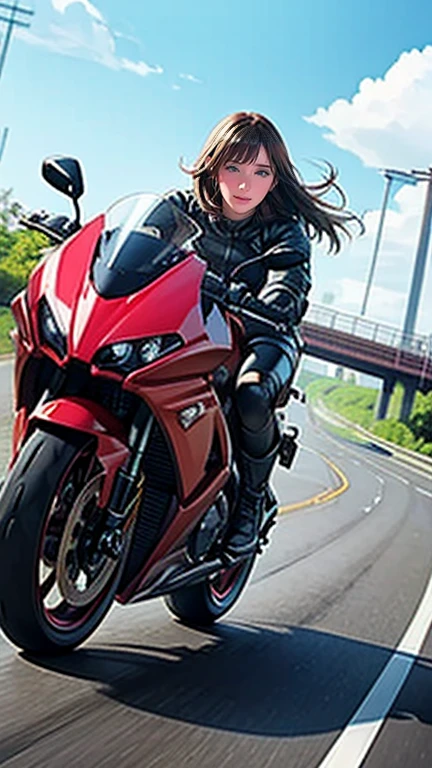 I'm on the road , 、  a woman dressed in black leather rides  、 Red 1500cc large motorcycle  。.。.., (((Wheelie)))   runs at breakneck speed on a 1500cc superbike on a vast bridge。, . (This scene、 it captures the speed and power of the scene ....))), (((Dynamic and powerful composition))
