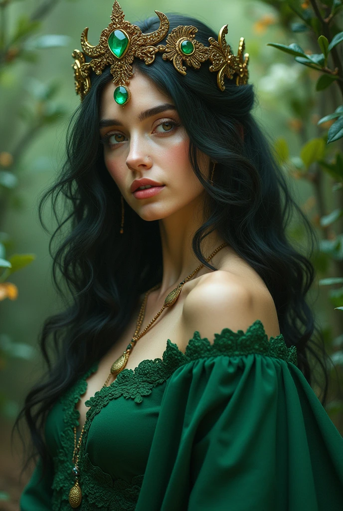 A very beautiful girl, a witch, with curly dark hair and very large eyes, in an emerald silk dress, a lot of ethnic jewelry, ethnic tattoos on her body, holding a crystal in her hands, looking at it. She sits on a stone in the mountains. Day, the Sun plays with rays in the girl’s hair. Cinematic Frame, Hasselblad X2D, Vogue Editorial, Ultra Detailed, Photorealistic