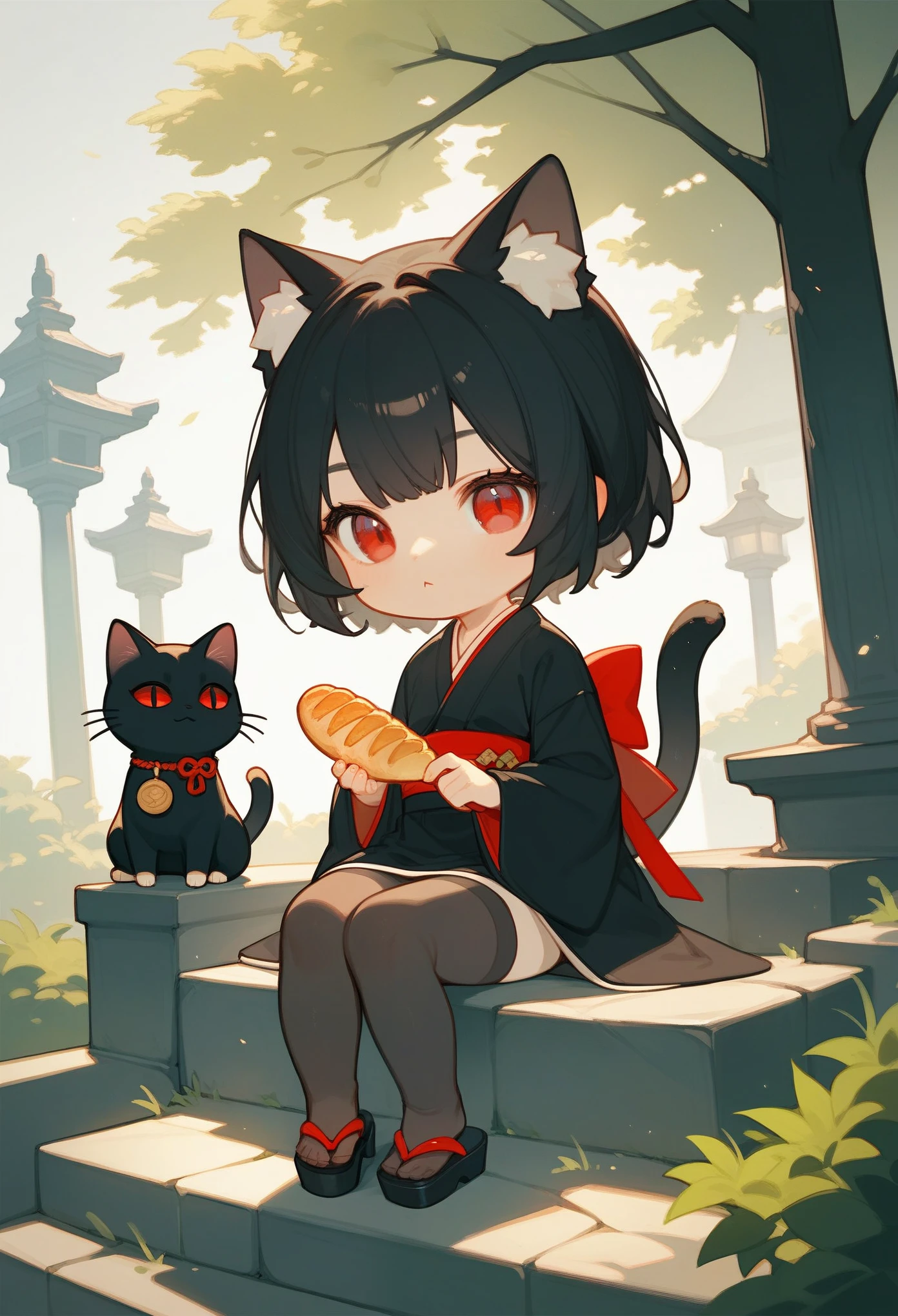 score_9, score_8_up, score_7_up, score_6_up, score_5_up, score_4_up, source_anime, (anime), chibi style, 2D artwork, 1black cat, black hair, red eyes, cat eyes, red ribbon, kimono, (holding a baguette), sitting on stone steps, stone lamp, simple background, simplification 