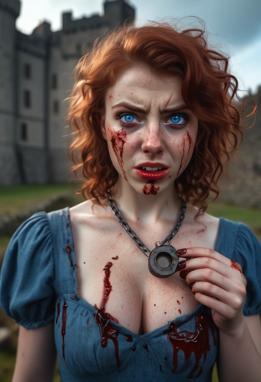 1girl, Solo, Breasts, Red Hair, Depth Of Field, Backlighting, Masterpiece, Best Quality, High Resolution, Award Winning, High Details, High Quality, Super Detailed, Textured Skin, UHD, Blush, Angry, Serious, Furrowed Brow, Red Lips, Evil Smile, Ringed Eyes, Evil, Eye Reflection, Blue Eyes, Kubrick Stare, Canon, F/4.0, Ultra-Wide Angle, Bokeh, Cinematic Lighting, God Rays, 8K Octane, Cinematic, Cinematography, Hyperdetailed, Photorealistic, Portrait Photography, Looking at viewer, holding up a bloody bear trap by the chain, blood spatter on cheeks, scottish castle background, bloody hands, runny mascara, torn blue dress, Long Hair, Ringlets, Big Hair, 