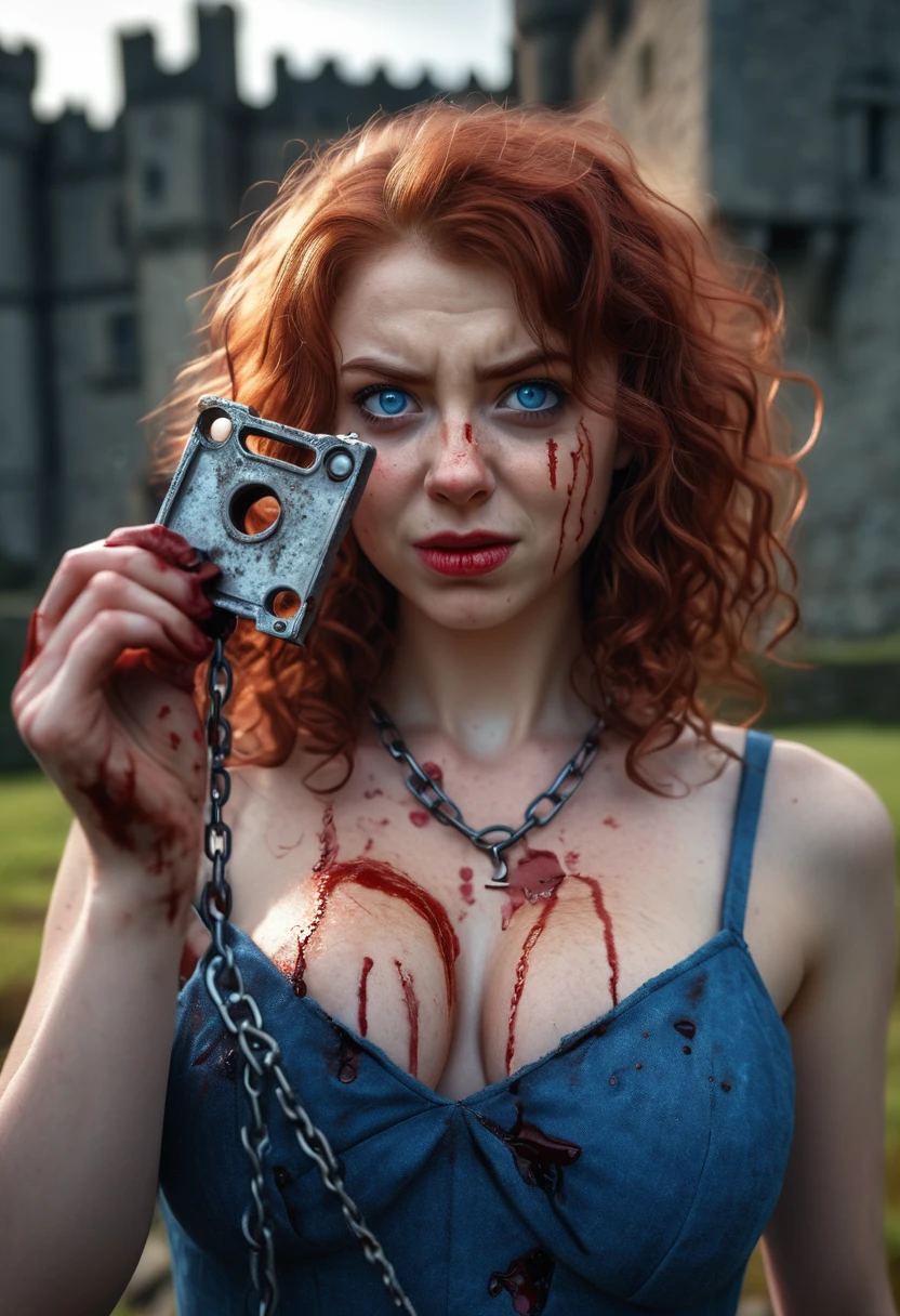 1girl, Solo, Breasts, Red Hair, Depth Of Field, Backlighting, Masterpiece, Best Quality, High Resolution, Award Winning, High Details, High Quality, Super Detailed, Textured Skin, UHD, Blush, Angry, Serious, Furrowed Brow, Red Lips, Evil Smile, Ringed Eyes, Evil, Eye Reflection, Blue Eyes, Kubrick Stare, Canon, F/4.0, Ultra-Wide Angle, Bokeh, Cinematic Lighting, God Rays, 8K Octane, Cinematic, Cinematography, Hyperdetailed, Photorealistic, Portrait Photography, Looking at viewer, holding up a bloody bear trap by the chain, blood spatter on cheeks, scottish castle background, bloody hands, runny mascara, torn blue dress, Long Hair, Ringlets, Big Hair, 