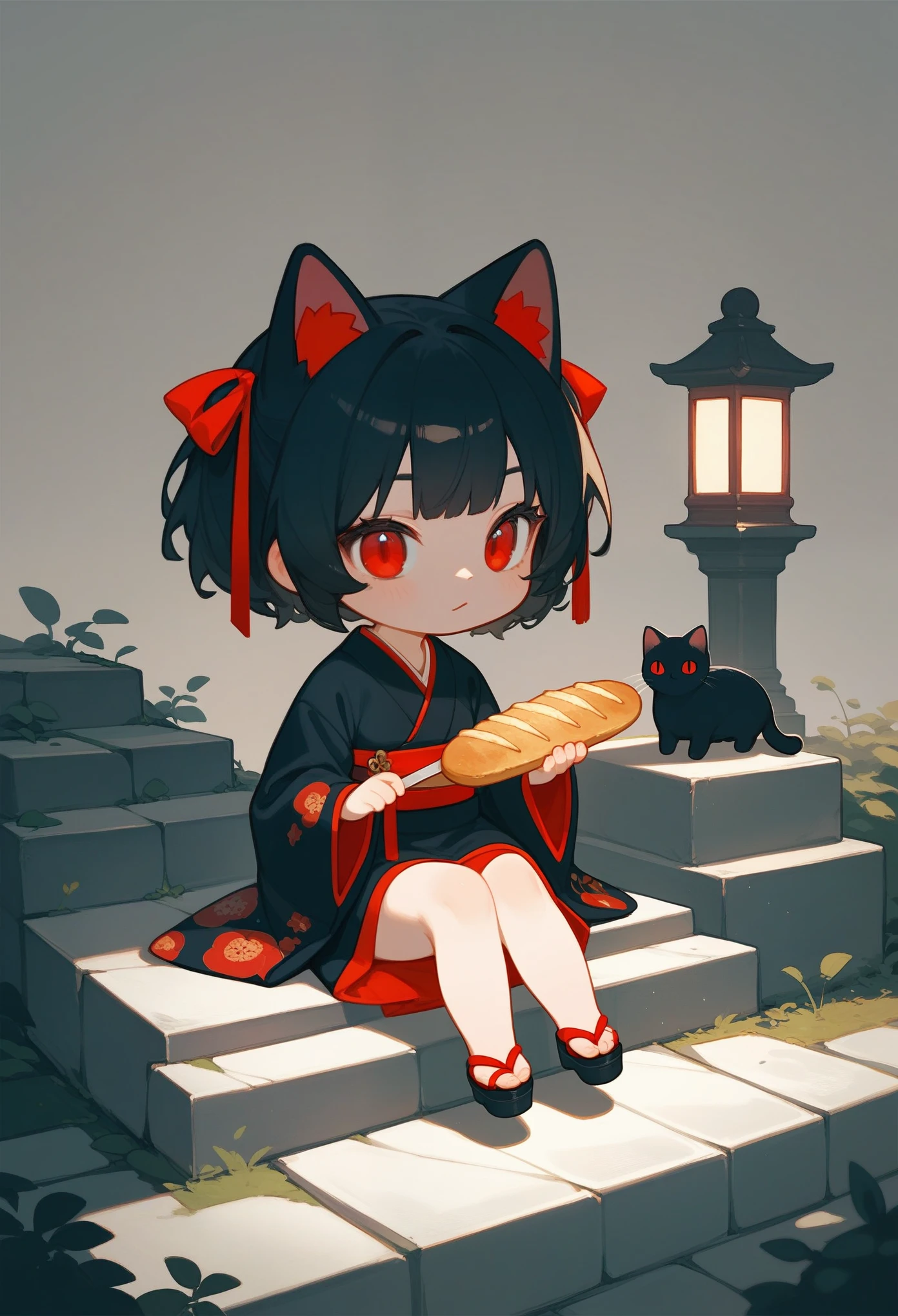 score_9, score_8_up, score_7_up, score_6_up, score_5_up, score_4_up, source_anime, (anime), chibi style, 2D artwork, 1black cat, black hair, red eyes, cat eyes, red ribbon, kimono, (holding a baguette), sitting on stone steps, stone lamp, simple background, simplification 